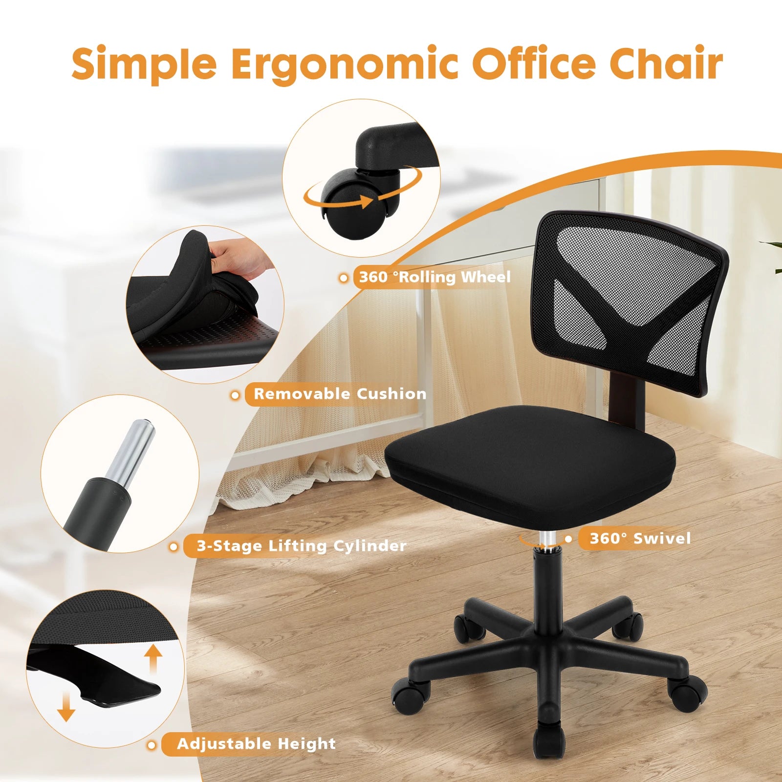 Armless Mesh Office Chair with Lumbar Support, Low Back, Adjustable Height and Swivel Seat.  Various colors.