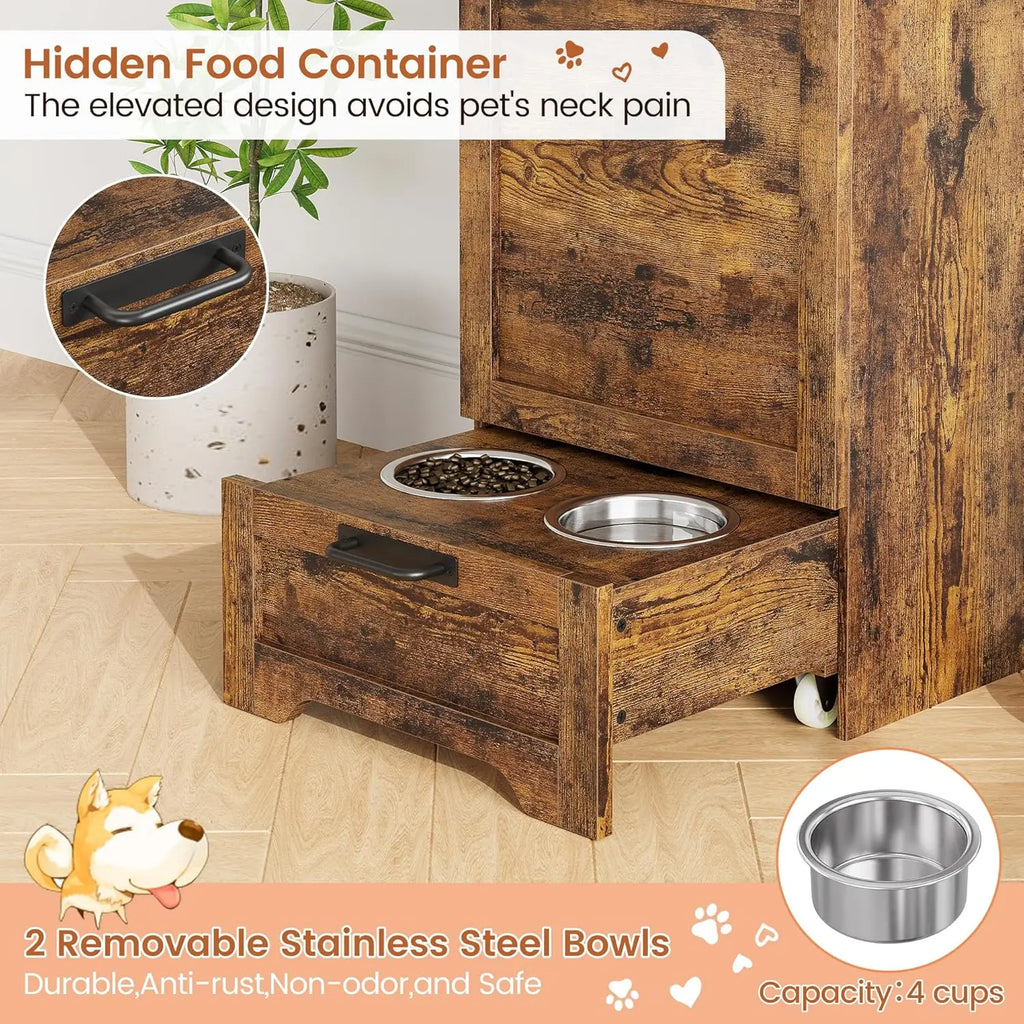 Dog Feeding Station with 2 Elevated Dog Bowls and Flip Top for Pet Food; Storage Organizer for Pets