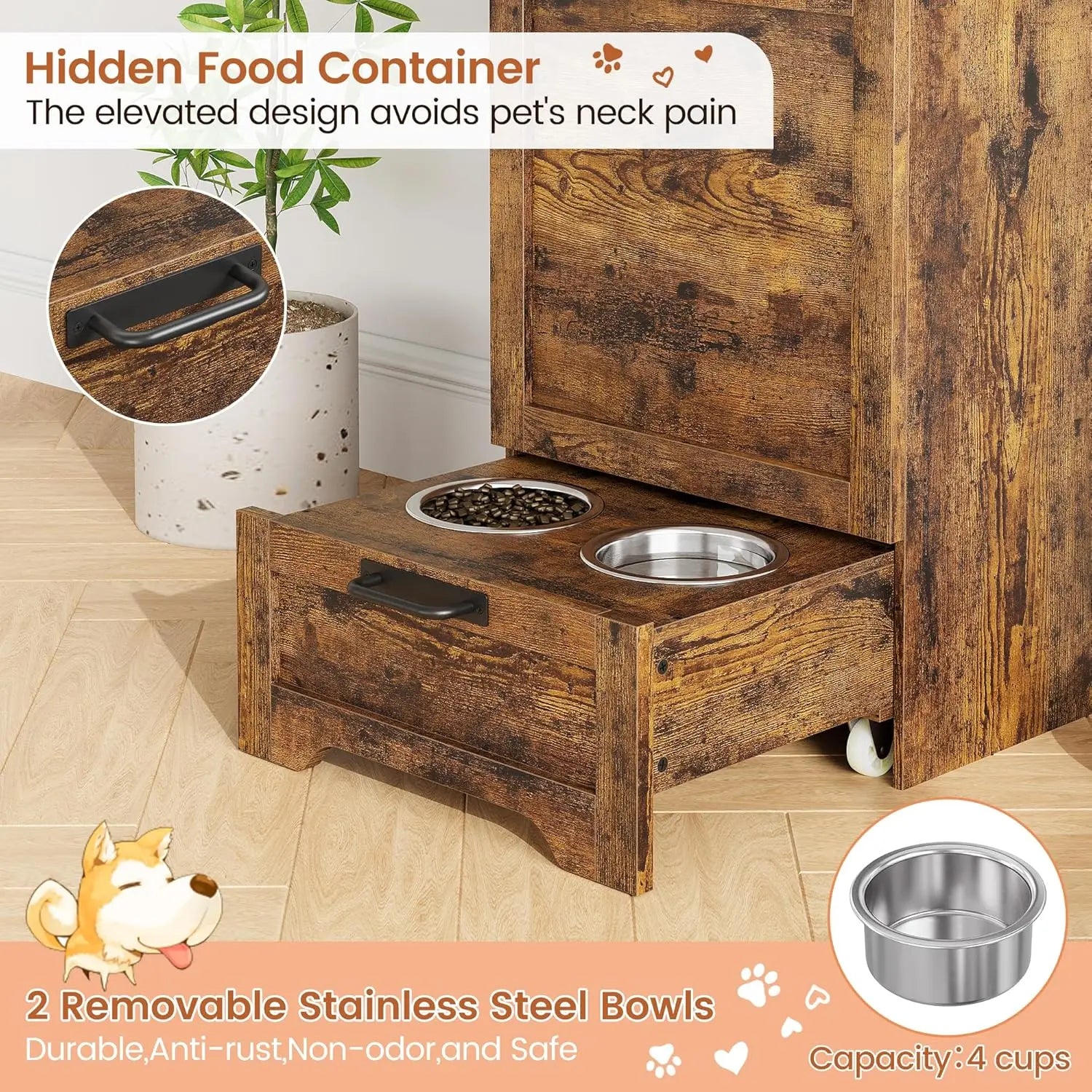 Dog Feeding Station with 2 Elevated Dog Bowls and Flip Top for Pet Food; Storage Organizer for Pets