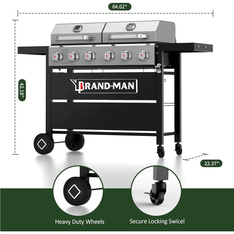 6-Burner Propane Griddle Grill Combo with Double Stainless Steel Lids