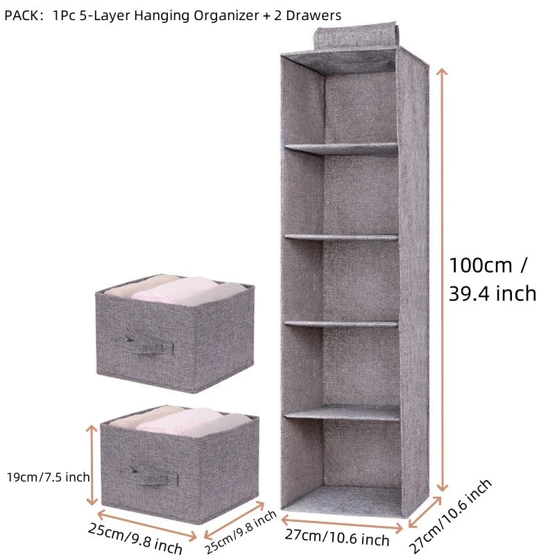 5 Shelf Hanging Cotton Wardrobe Storage Bag With 2 Drawers