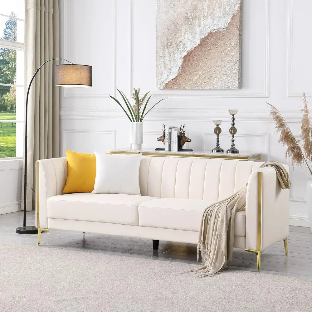78'' Modern White Faux Leather Sofa with 2 Throw Pillows,