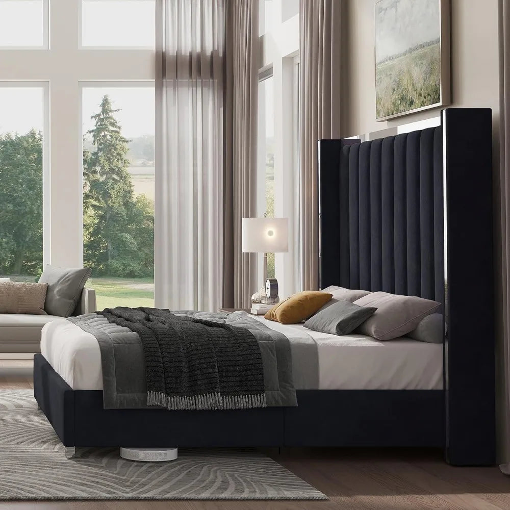Queen Size Bed Frame with 58" Tall Velvet Upholstered Headboard,