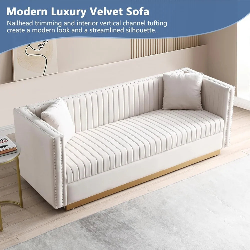 Luxury Velvet Sofa Set for Living Room with Nailhead Gold Metal Legs and 4 Pillows.
