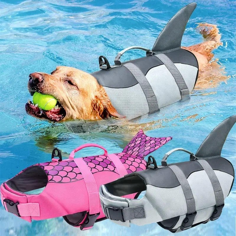 Shark Dog Life Jacket with Handle and Enhanced Buoyancy for Swimming;; May be used for Halloween Costume for Dog
