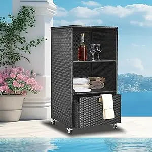 Outdoor Pool Towel Wicker Storage Cabinet with Shelves & Drawer.
