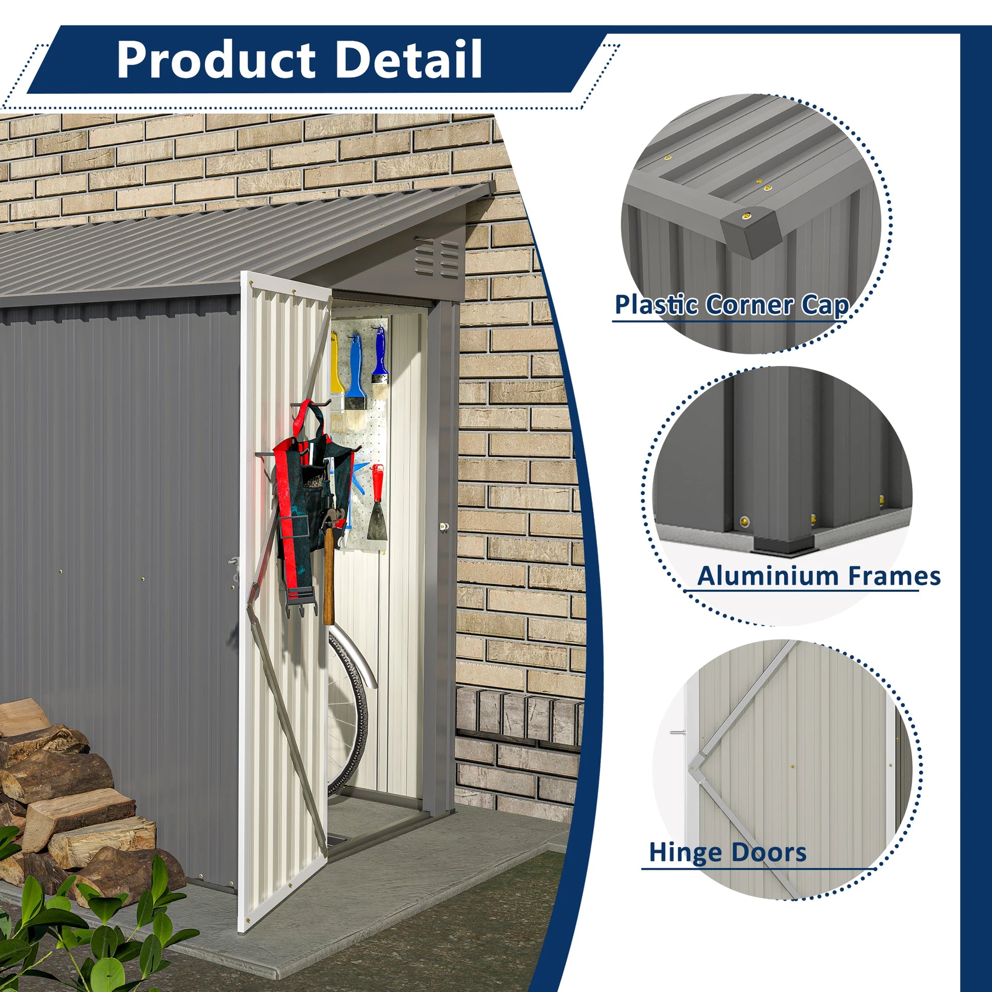 4' x 8' Outdoor Metal Wall Side Storage Shed with Sloped Roof and Aluminum Door