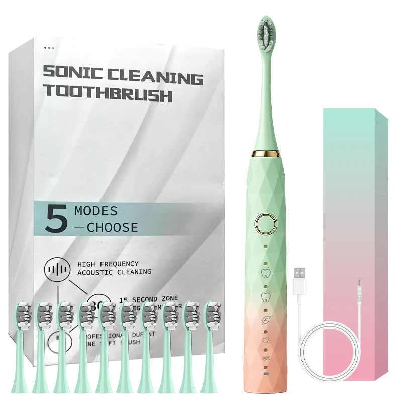 Adult 5-Mode Waterproof Electric Rotary Cleaning Toothbrush With Timer; USB Rechargeable Toothbrush with 10 heads