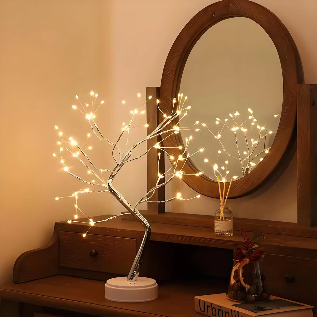 Desktop LED Bonsai Iron Tree Lamp with Silver Branches and Pearl Gold Leaf Stars