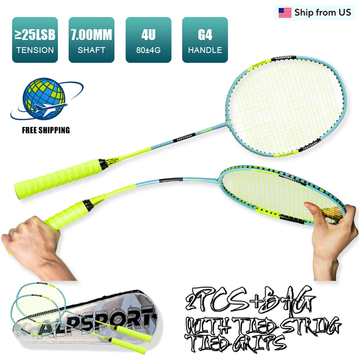 2 Badminton Rackets with Badminton String and Carrying Bag.