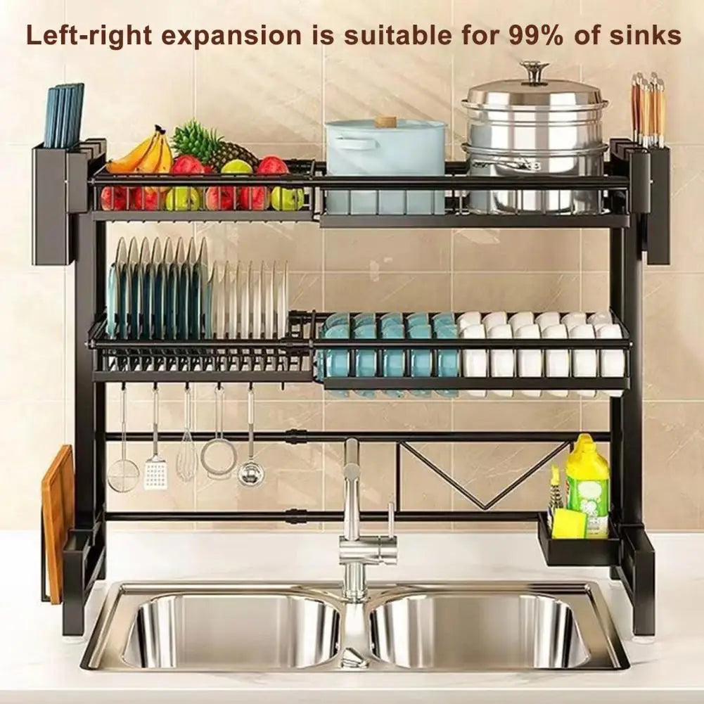Adjustable Over Sink Double Layer Storage and Dish Drying Rack With Drain Frame.