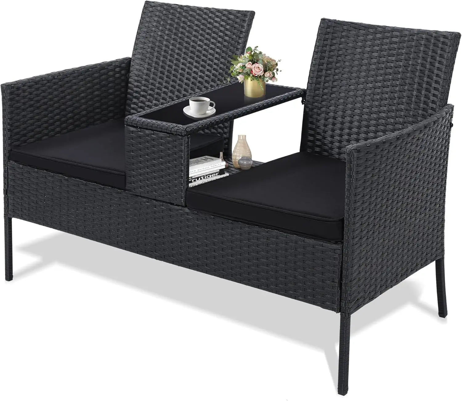 Wicker 2 Seat Outdoor Rattan Loveseat with Table and Washable Cushion Covers