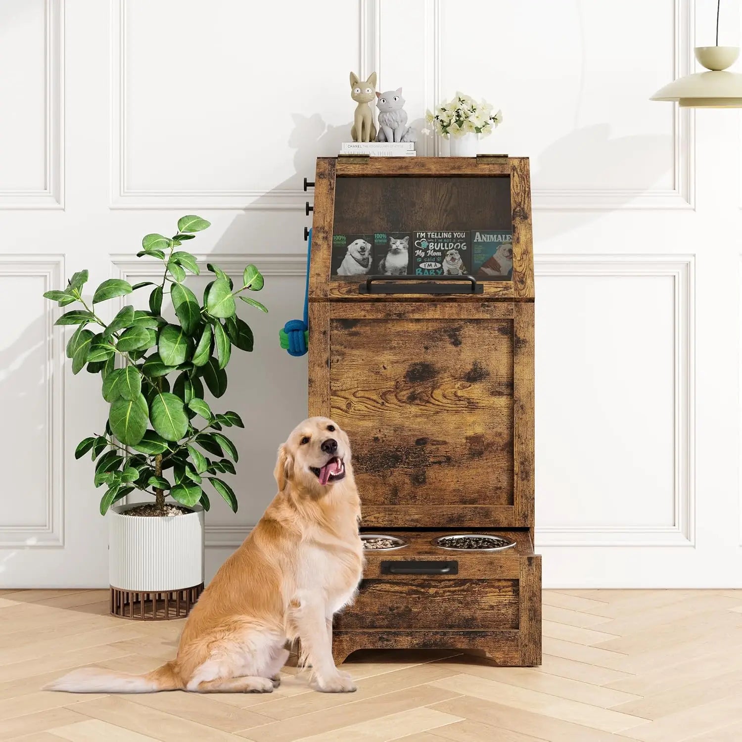 Dog Feeding Station with 2 Elevated Dog Bowls and Flip Top for Pet Food; Storage Organizer for Pets