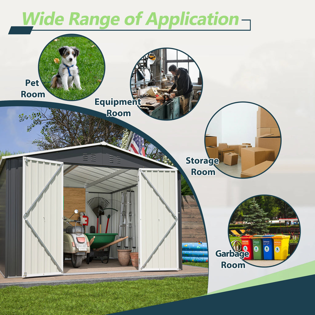 Outdoor 10 x 10  FT Metal Storage Shed with Lockable Doors and Updated Frame Structure.