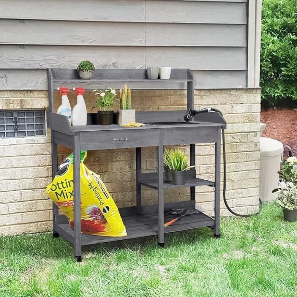 Solid Wood Potting Bench with Planting Shelf, Sink and Drawer.
