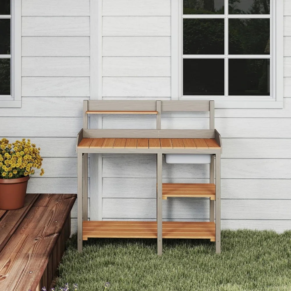 Outdoor Potting Bench  with Shelves for use as Planting Table.