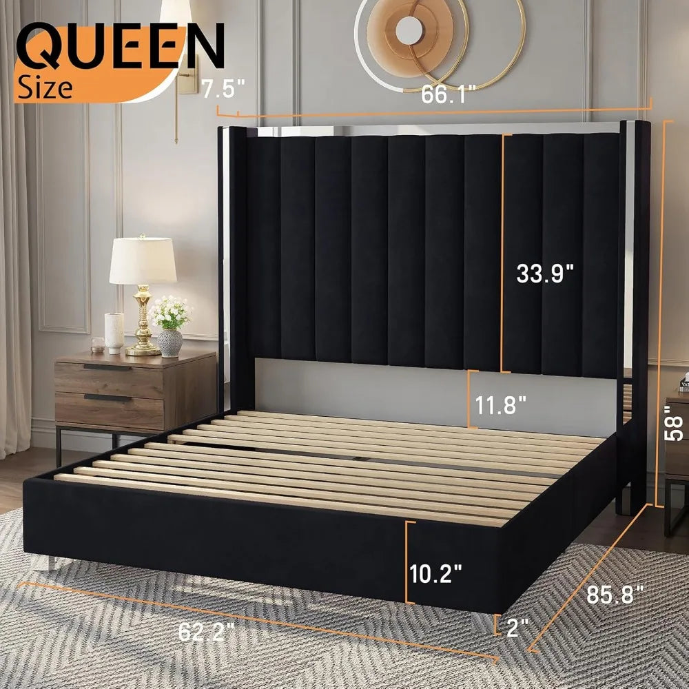 Queen Size Bed Frame with 58" Tall Velvet Upholstered Headboard,