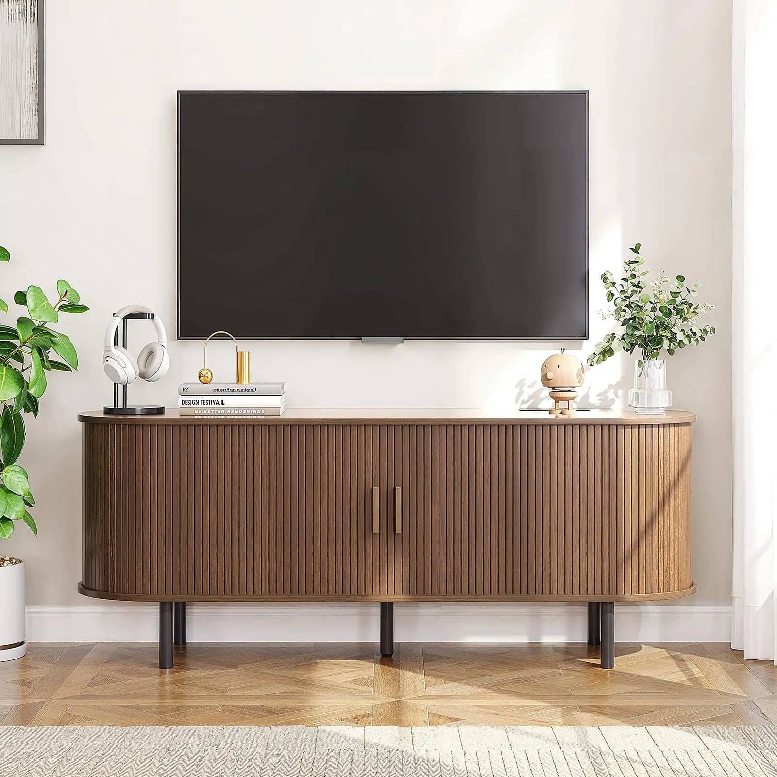 TV Table with Sliding Doors, Adjustable Shelves and Power Outlet for TVs up to 60/70",
