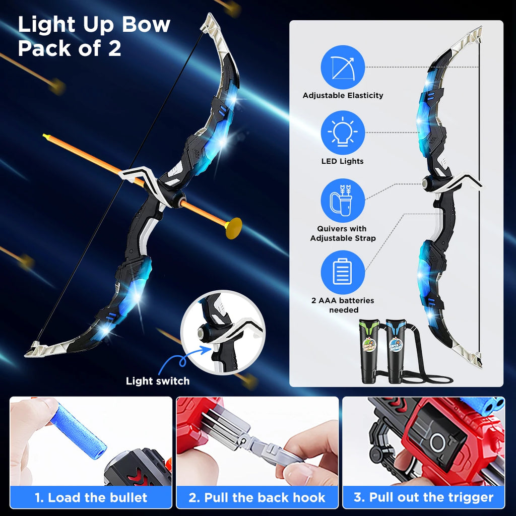 Toy Set for Kids with Bow N Arrow + Guns  (x2) w/LED Light Up and Suction Cup Arrows