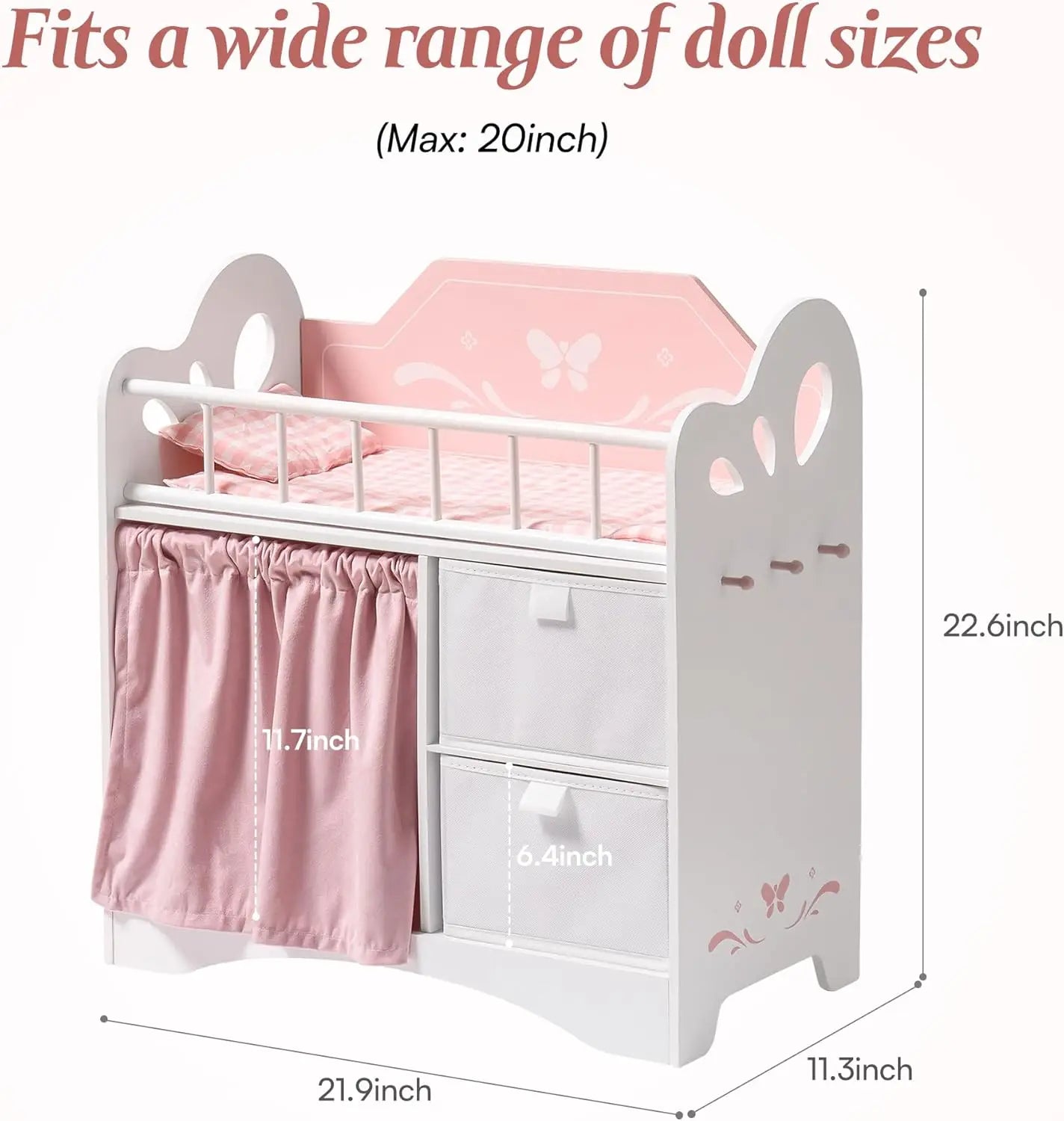 Pink and White Wooden Baby Doll Furniture Crib  with Storage Bedding and Wooden Hooks .