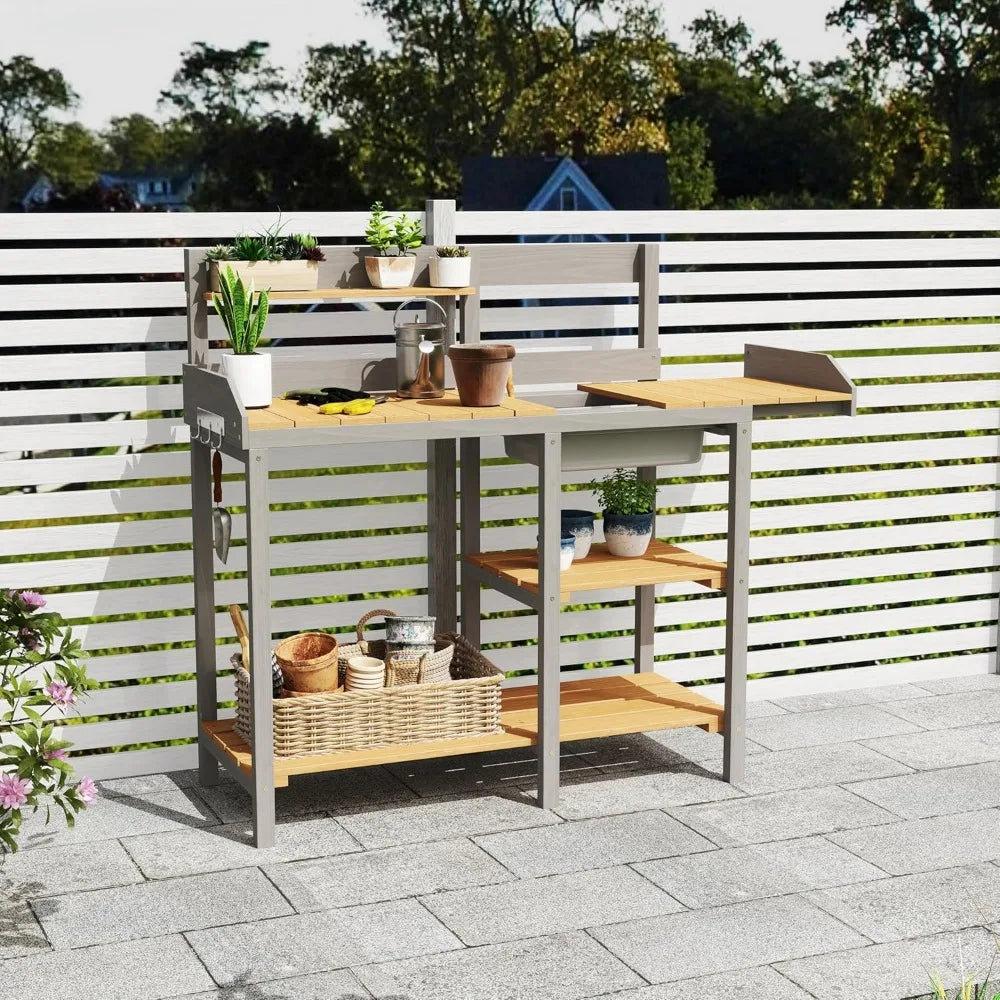 Outdoor Potting Bench  with Shelves for use as Planting Table.