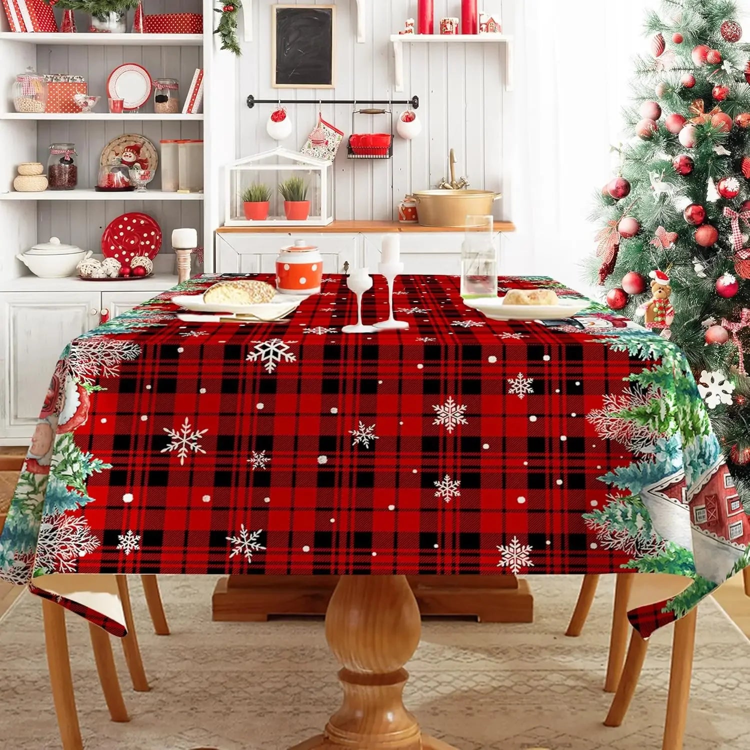 Christmas Snowman Waterproof Tablecloth Party Decor Xmas Washable Red Green Plaid Table Cloths Kitchen Dining Room Table Decor