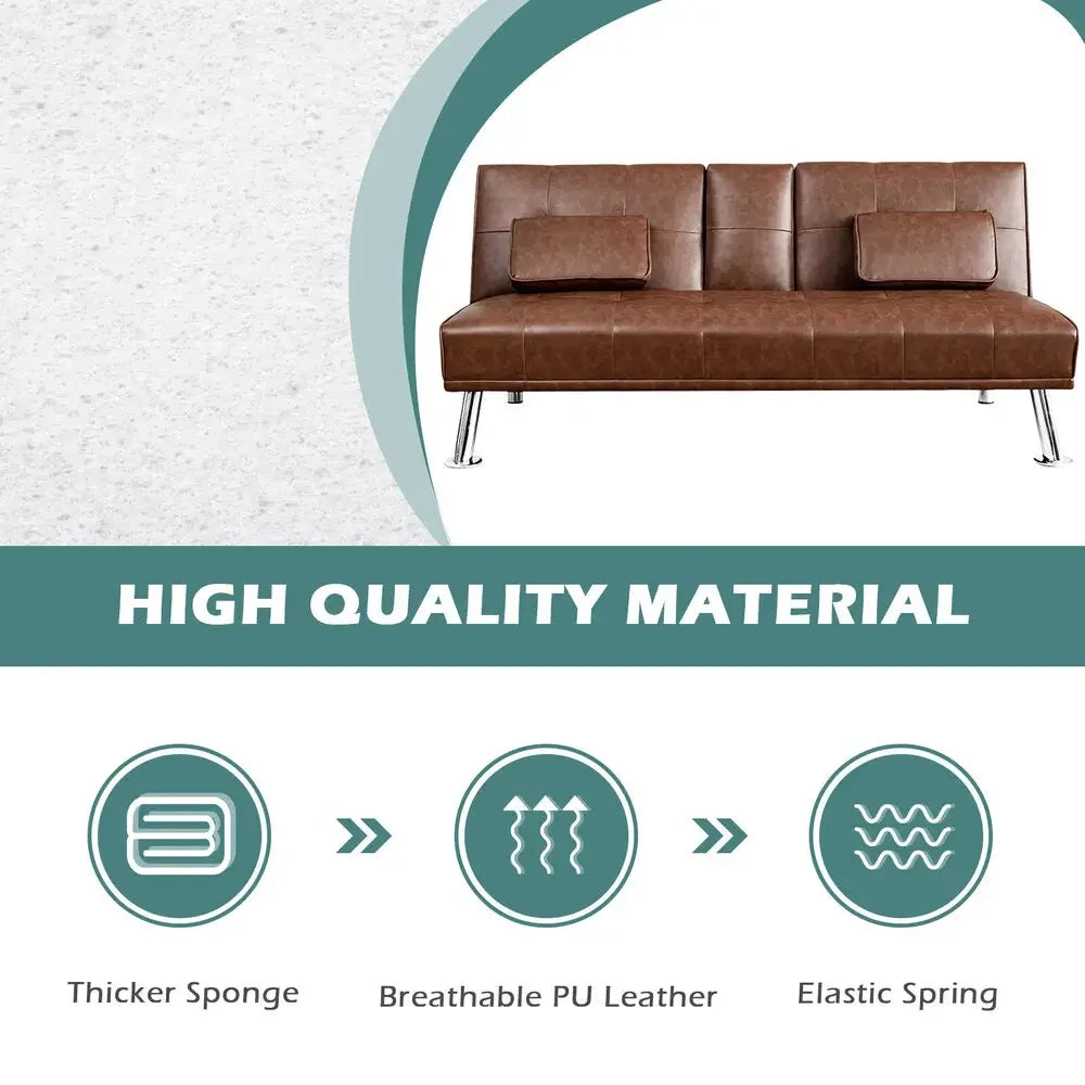 Convertible Folding Leather Futon Sofa Bed  w/ 2 Hidden Cup Holders.