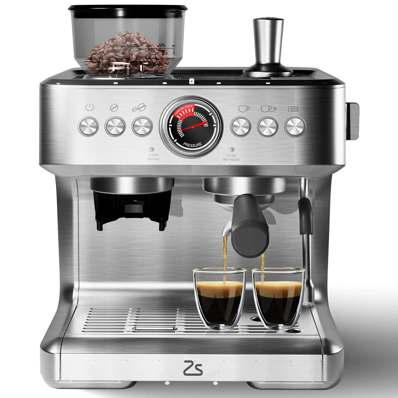 Espresso Stainless Steel Coffee Maker With Grinder and Milk Frother, 2.8L Water Tank.