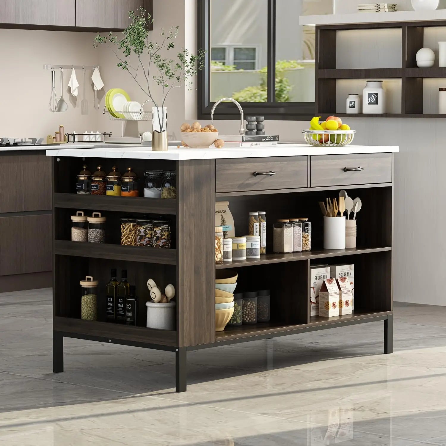 Stationary Kitchen Island with Storage Cabinet, 6 Open Shelves & 2 Drawers.