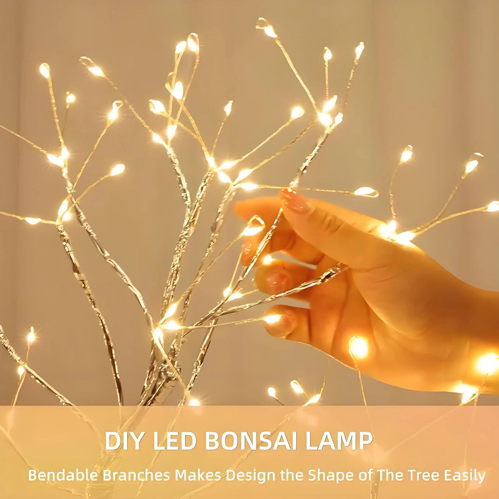 Desktop LED Bonsai Iron Tree Lamp with Silver Branches and Pearl Gold Leaf Stars