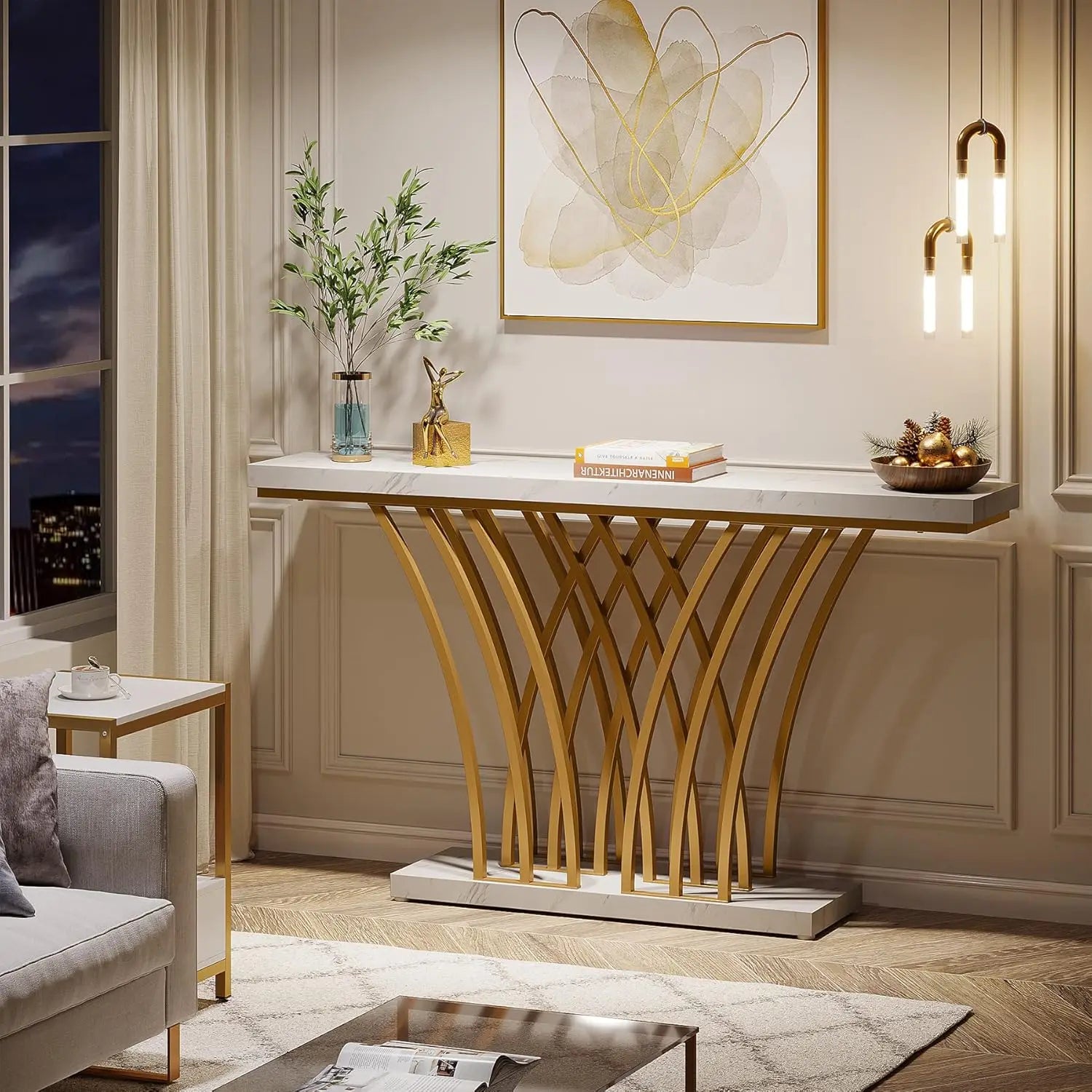 59 inch Gold Console Table with Grid-Shaped Metal Base. Three styles available.