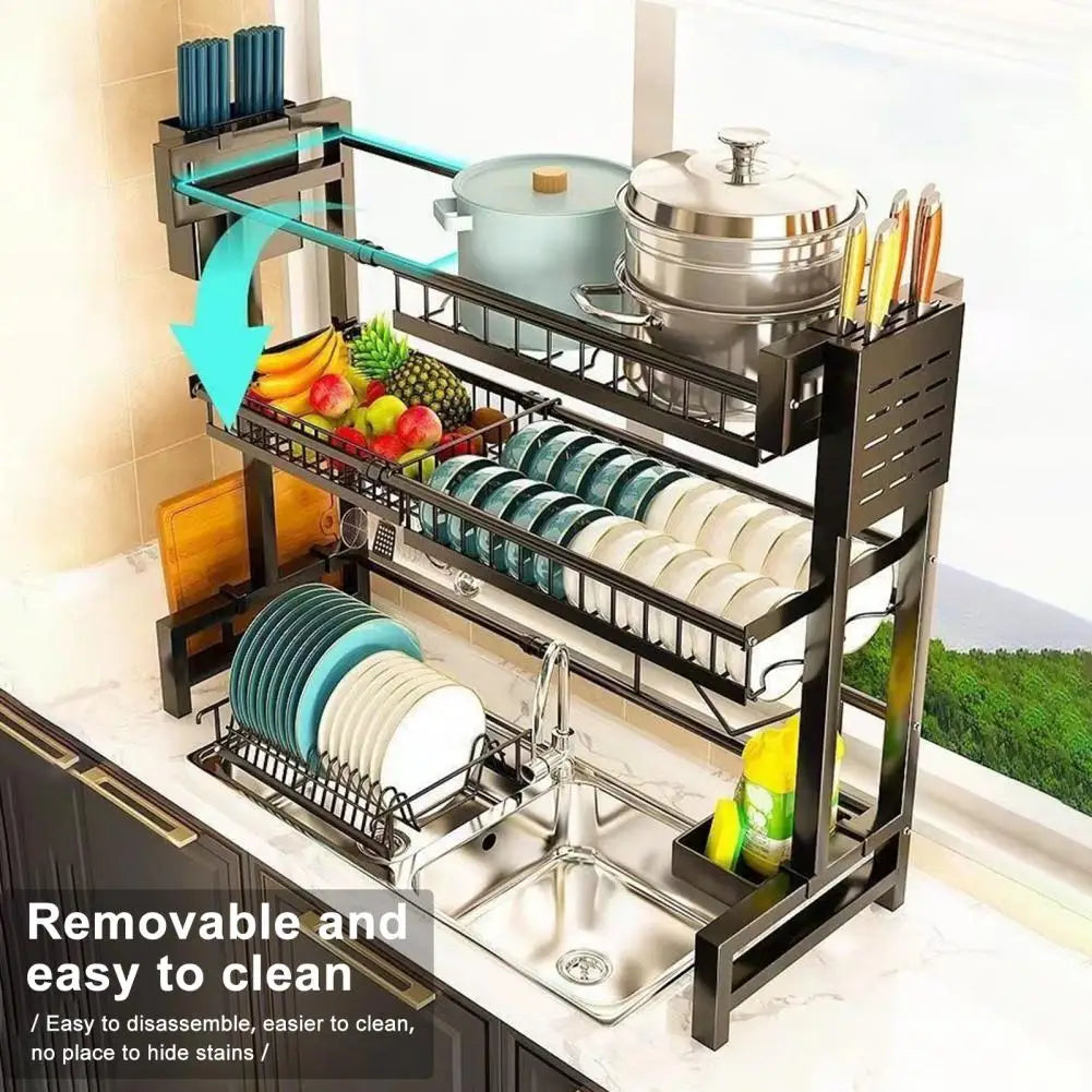 Adjustable Over Sink Double Layer Storage and Dish Drying Rack With Drain Frame.