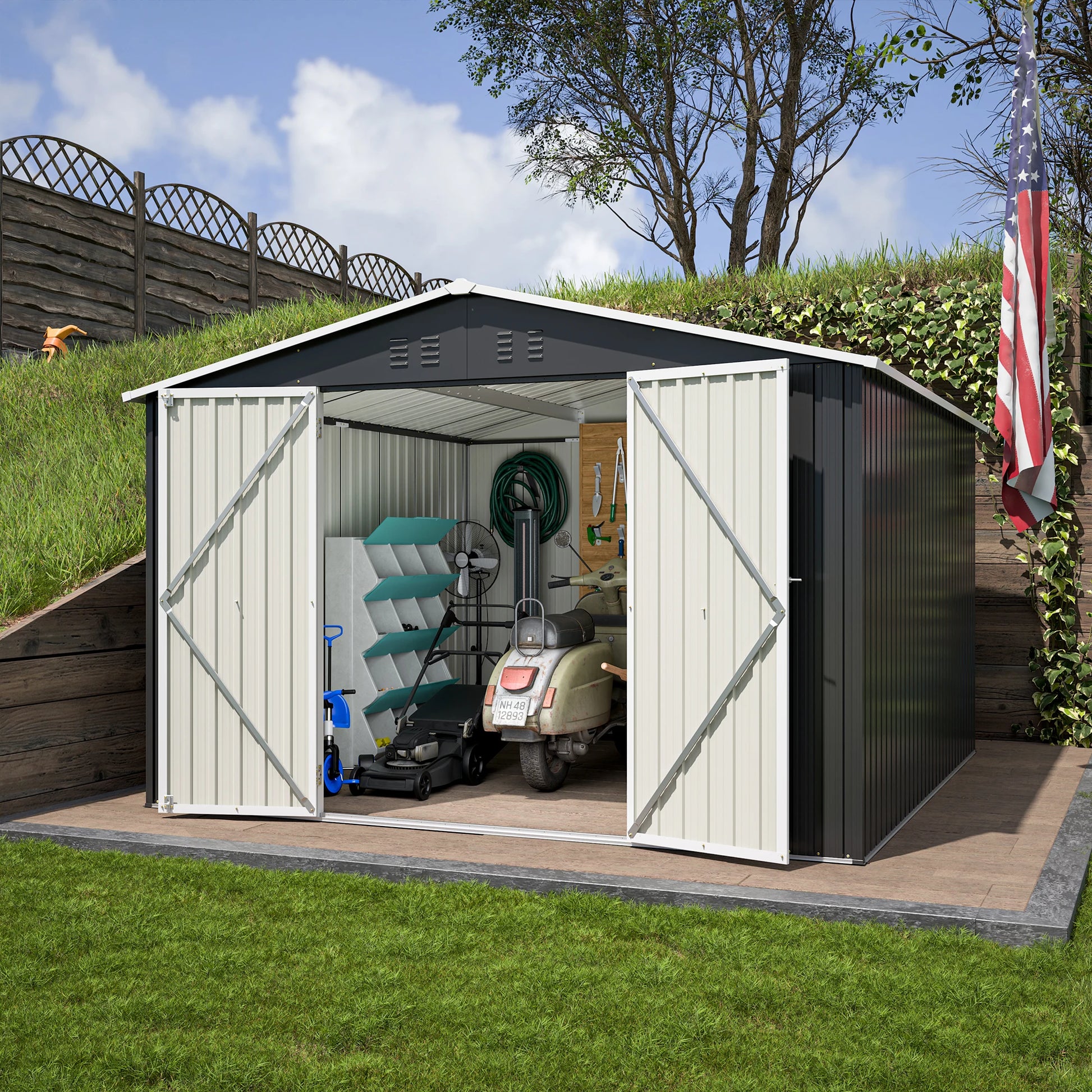 Outdoor 10 x 10  FT Metal Storage Shed with Lockable Doors and Updated Frame Structure.