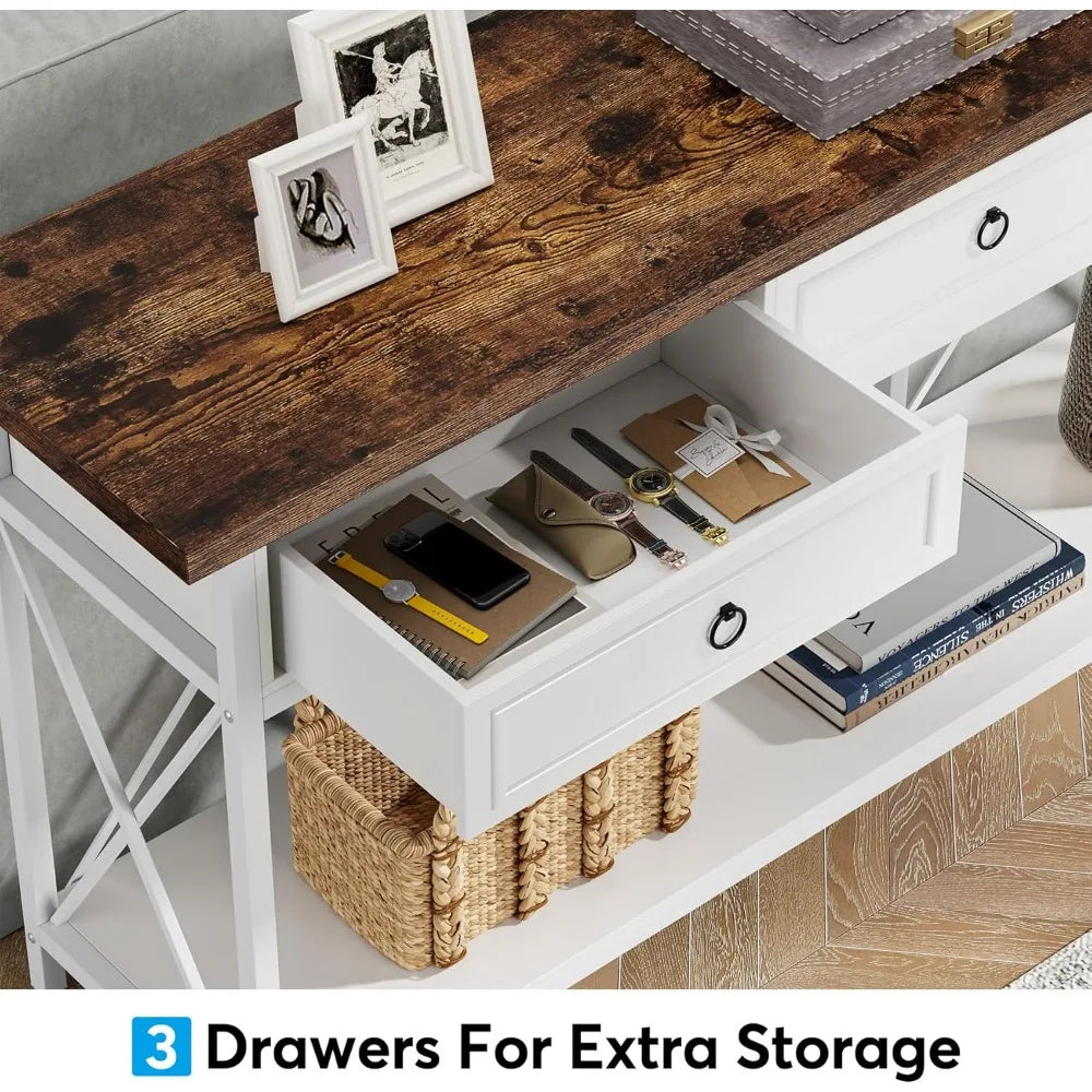 70.8" Farmhouse Console Table for Entryway with 3 Drawers and a Storage Shelf.
