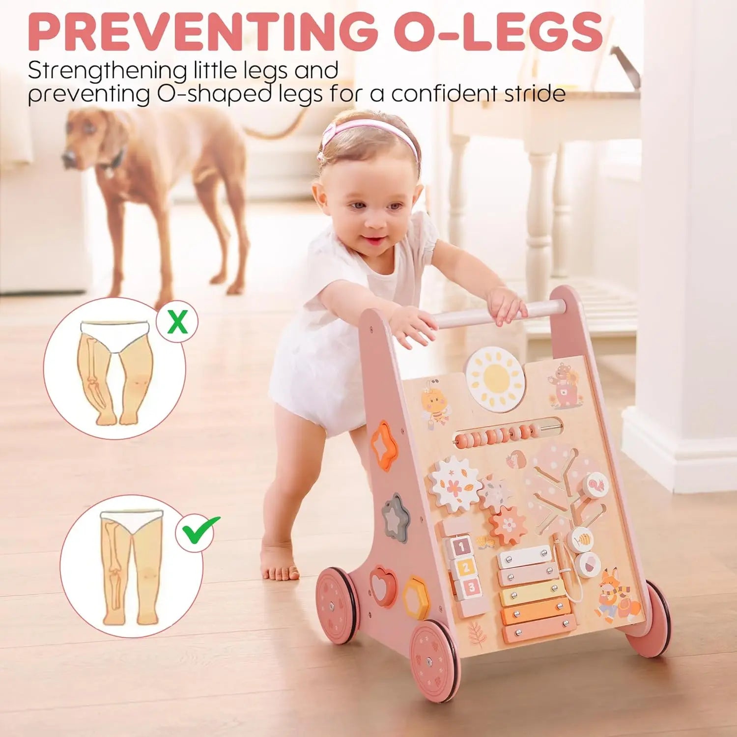 A Montessori Push Toy Baby Walker with Wooden Wheels.