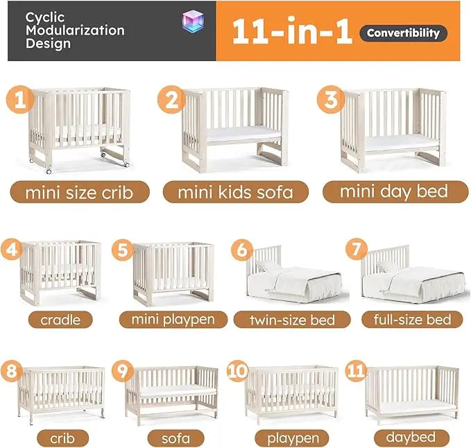11-in-1 Convertible Baby Crib With Removable Wheels, Washed Natural New Zealand Pinewood Finish, and 4 Mattress Heights.