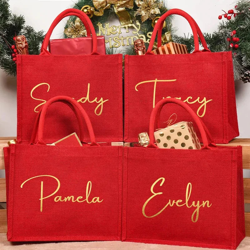 Personalized Name Red Burlap Tote Bag