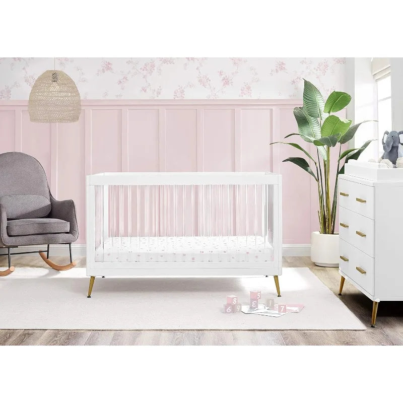 4-in-1 Multi-Use Acrylic Convertible White Crib with Conversion Rails and Bronze Feet