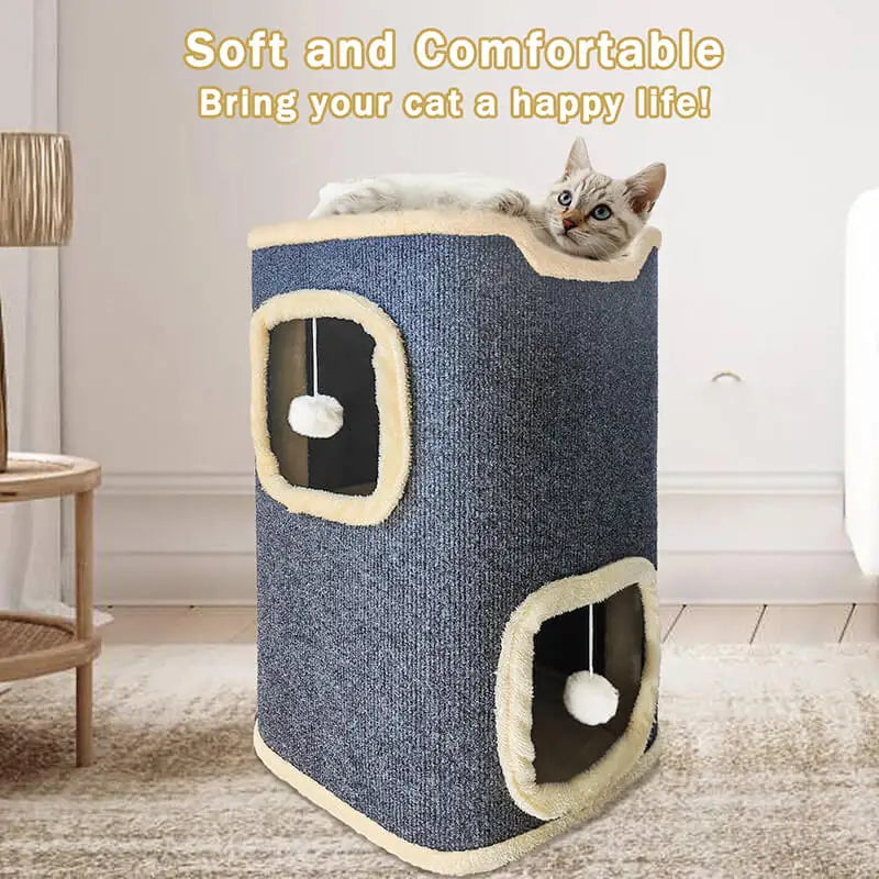 Rectangular 2-Layer Cat Playhouse for Indoor Cats with Hanging Toys