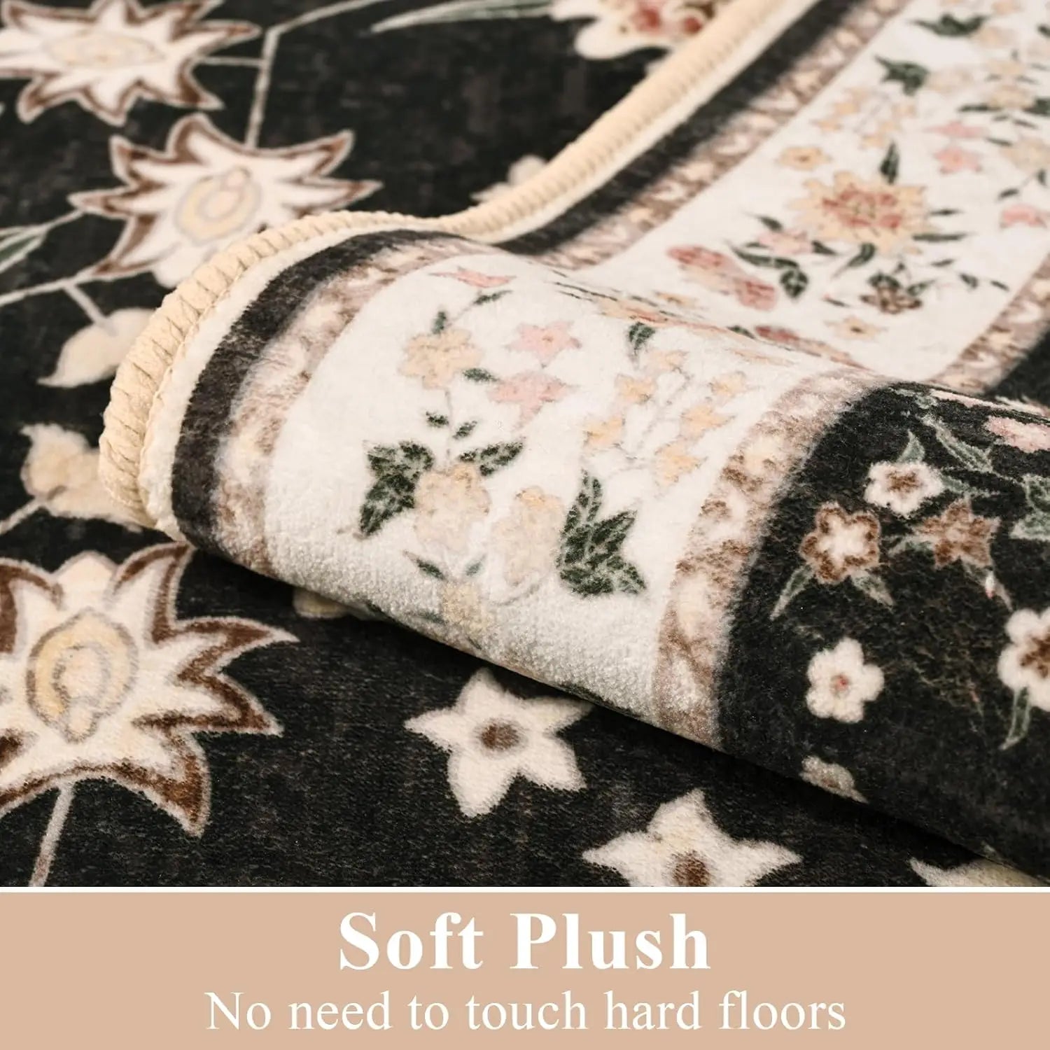 Washable Area Rug for Living Room with Vintage Floral Print.