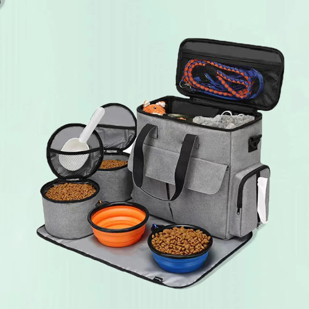 Dog Bag and Organizer for Week Away/Overnight w/ 2 Food Bags, 1 Waterproof Placemat, and 2 Foldable Bowls