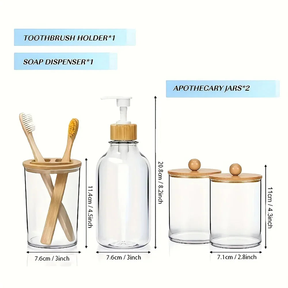 4pcs Bamboo Bathroom Accessory Set with Soap Dispenser, Toothbrush Holder and 2 Glass Jars .