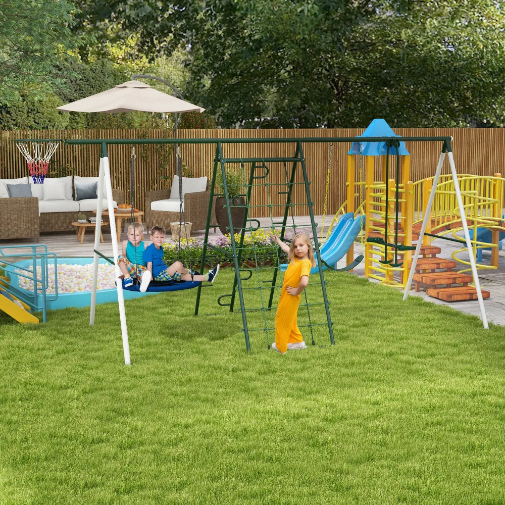 528 lb. capacity 5 in 1 Heavy Duty Swing Set with Saucer Swing and Slide.