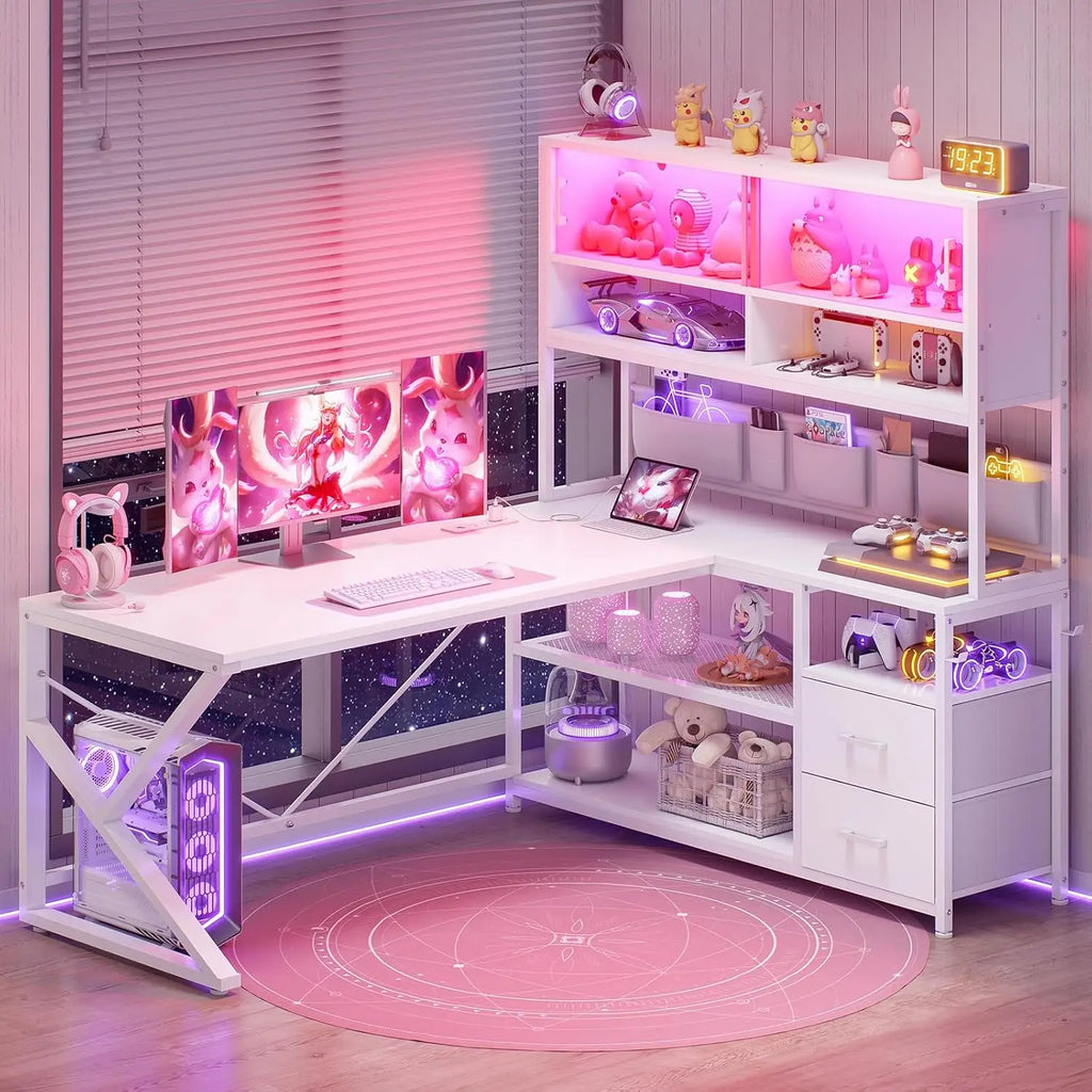 L Shaped Corner Gaming or Computer Desk for Home Office with 2 Drawers, Bookshelf, and LED Light,