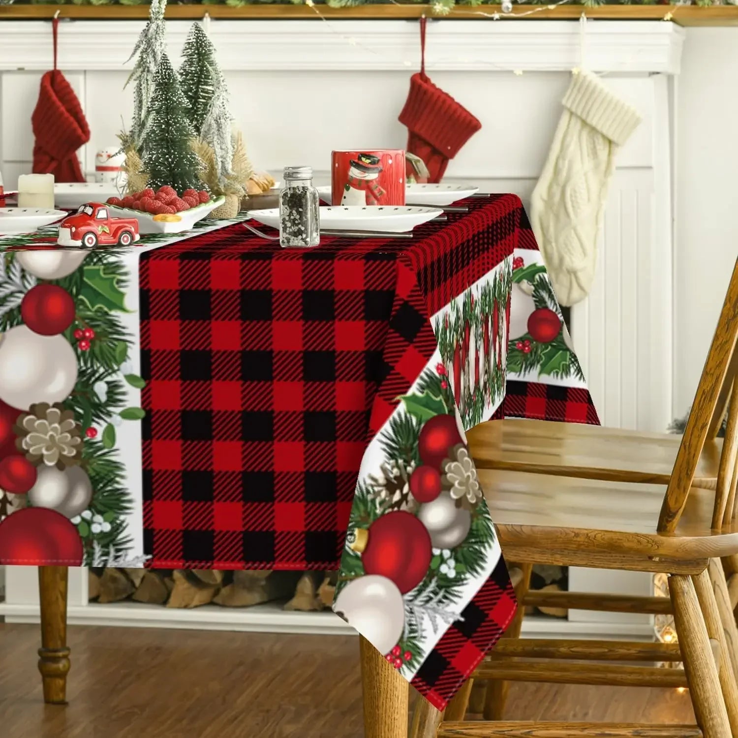 Christmas Ornaments Red Buffalo Plaid Reusable Rectangle Tablecloth