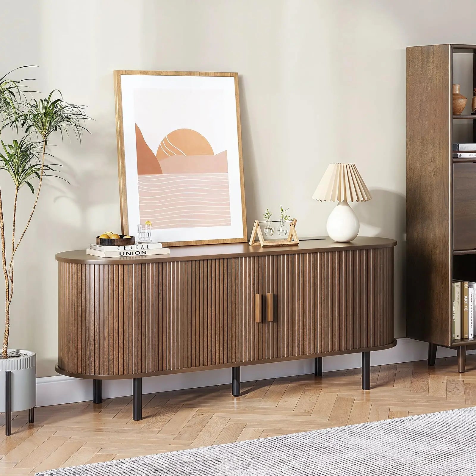 TV Stand with Power Outlet for TVs up to 60/70",  Sliding Door Storage Adjustable Shelves.