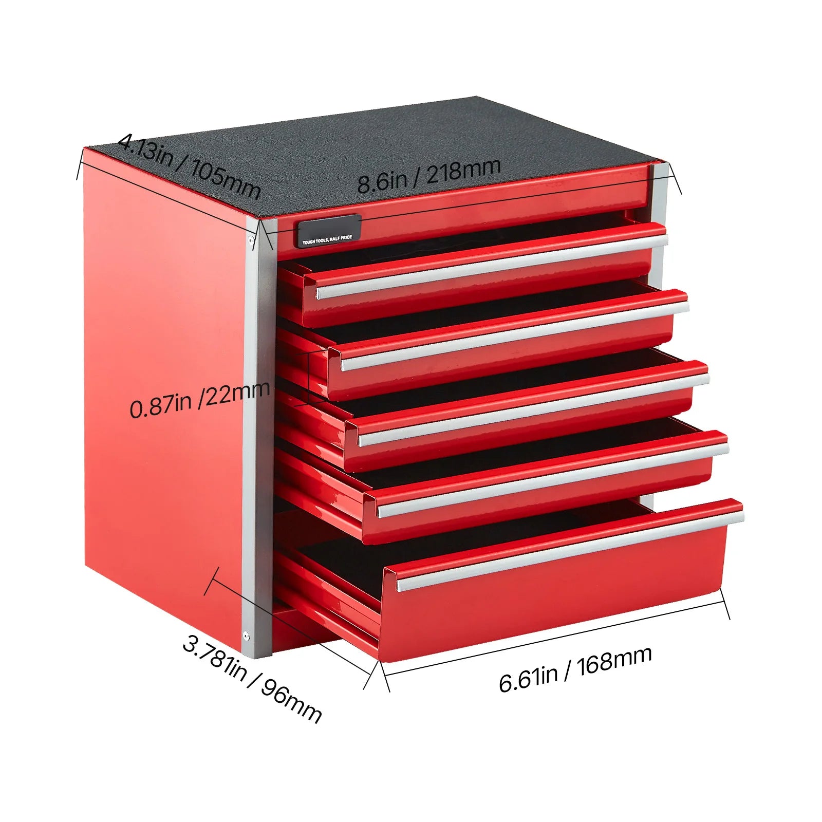 Red/Black Small 5-Drawer 8.6" Metal Tool Box for Cabinet Top Use.