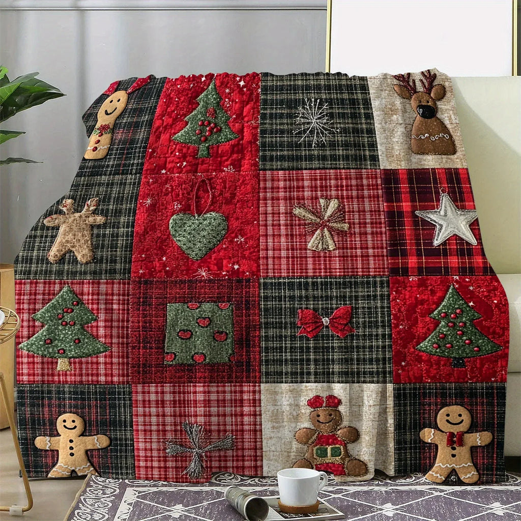 1pc Rustic Plaid Christmas Print Throw Blanket, Soft Warm Knitted Polyester Flannel