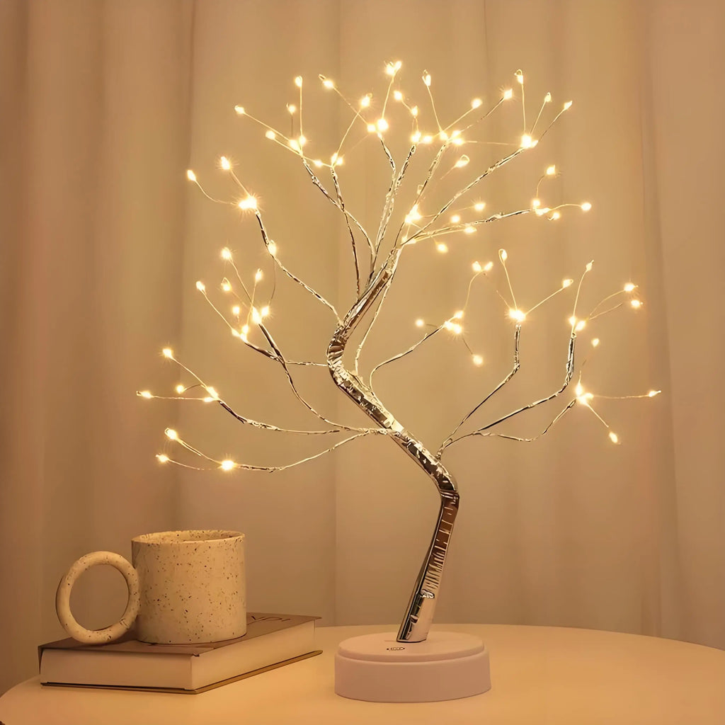 Desktop LED Bonsai Iron Tree Lamp with Silver Branches and Pearl Gold Leaf Stars