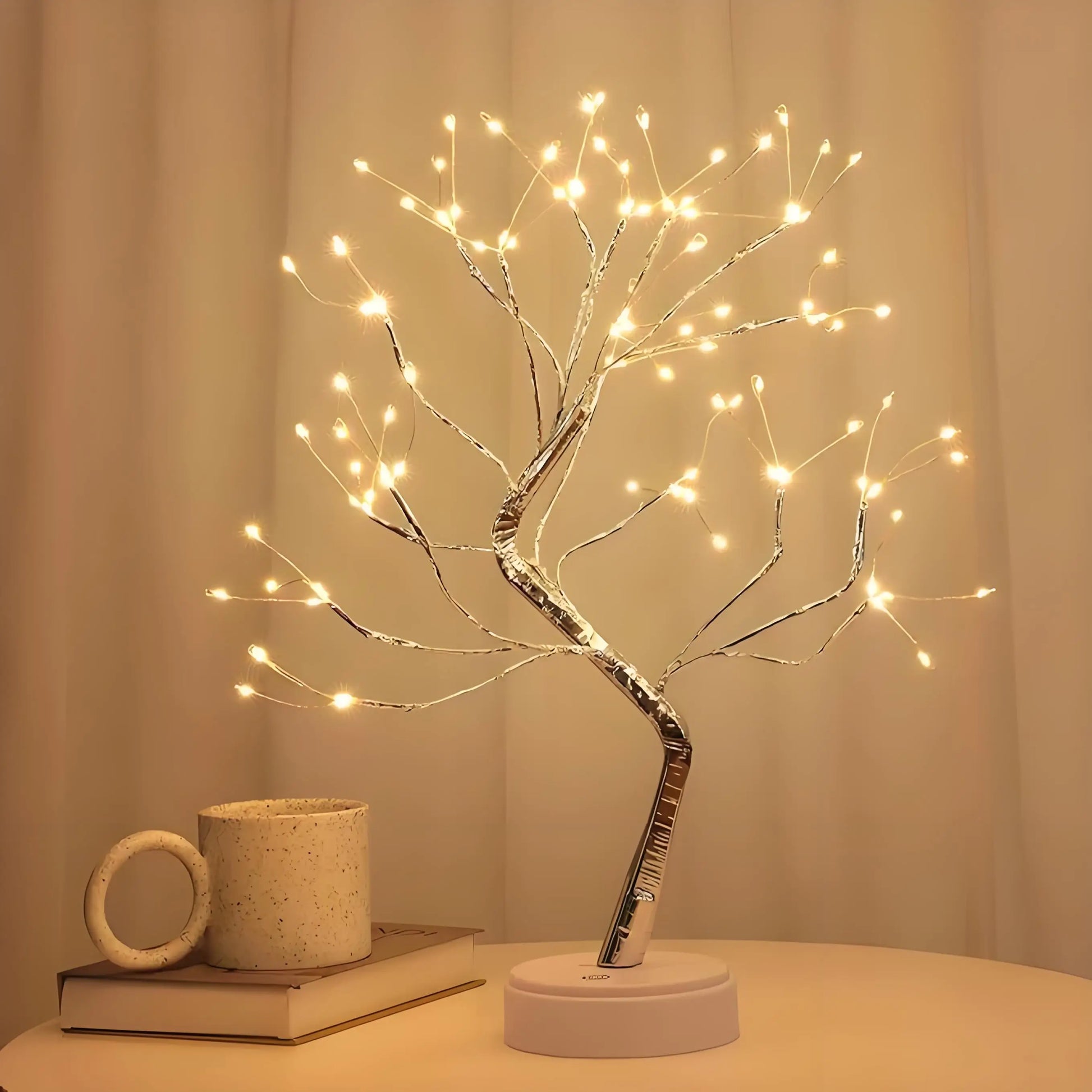 Desktop LED Bonsai Iron Tree Lamp with Silver Branches and Pearl Gold Leaf Stars